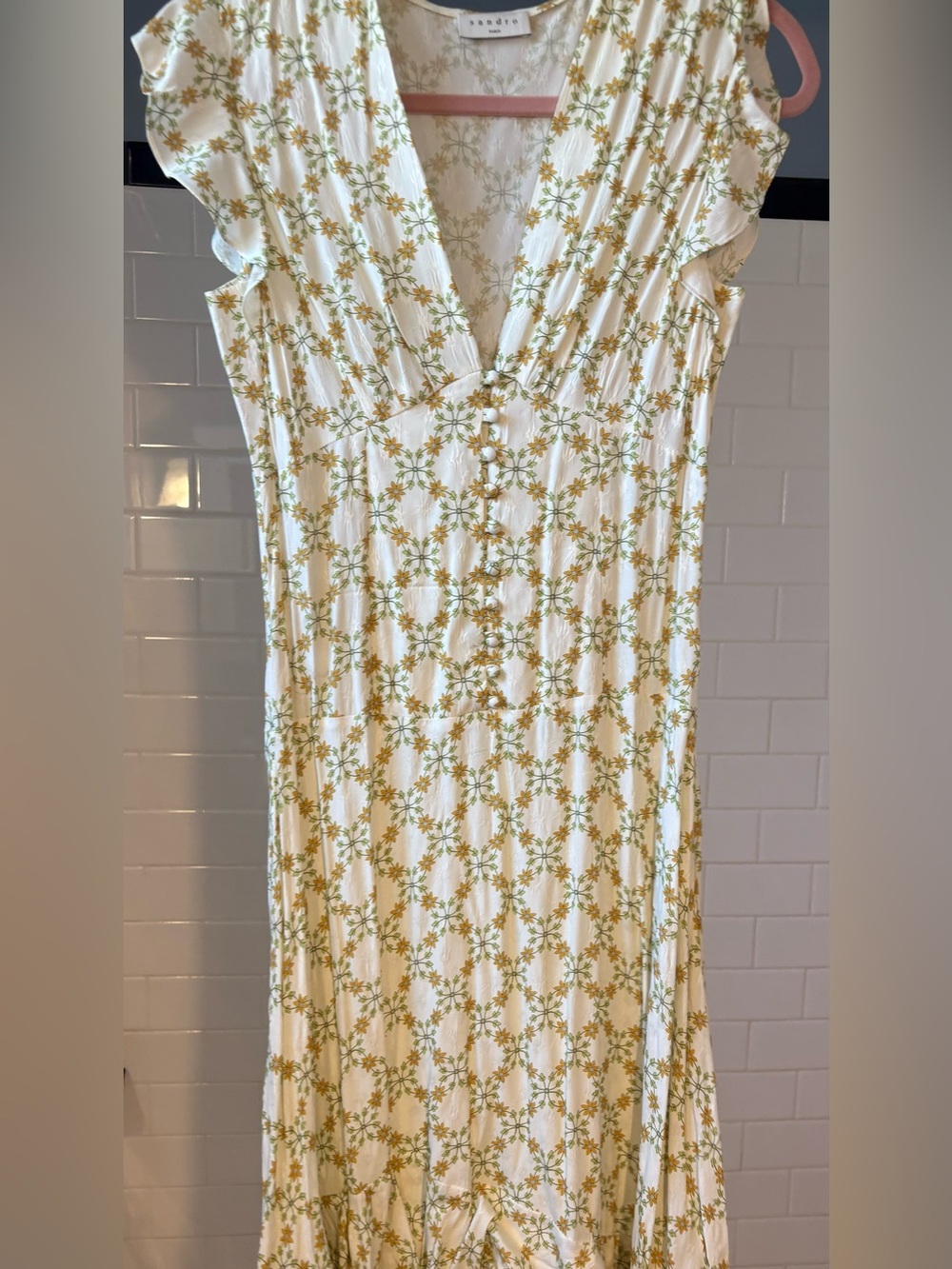 Pretty Sandro Summer midi dress form fitting with yellow floral print w/ruffles